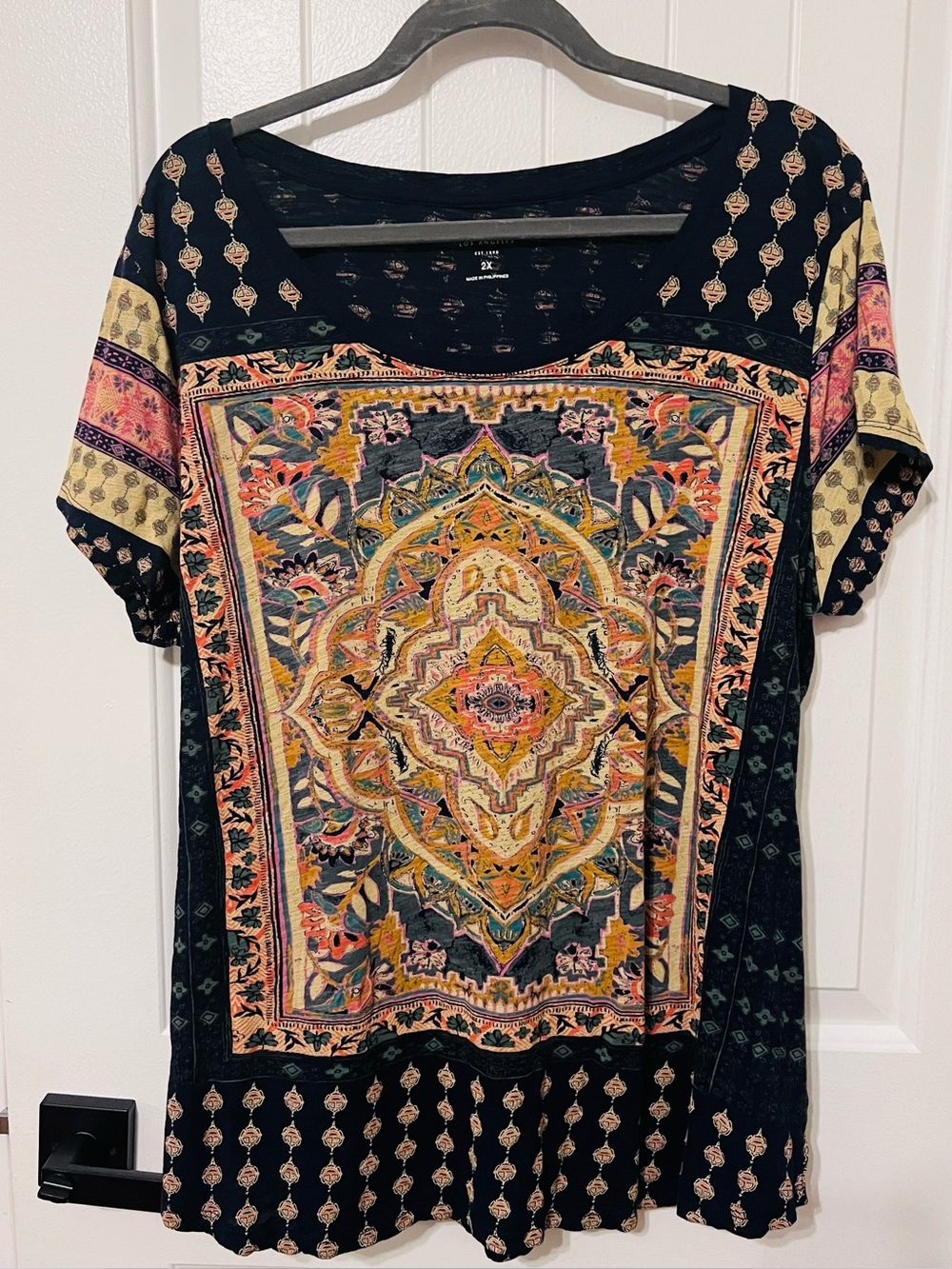 Lucky Brand Womens Short Sleeve Top Plus 2X Boho Paisley Tee Shirt